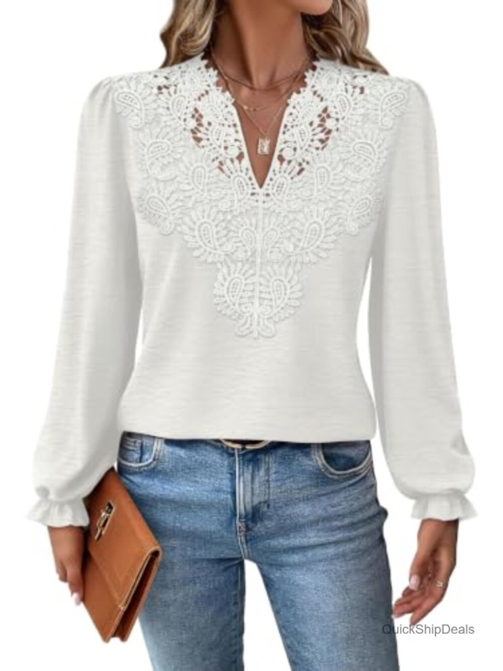 Womens Lace Long Sleeve Boho V Neck Blouse Relaxed Fit Top